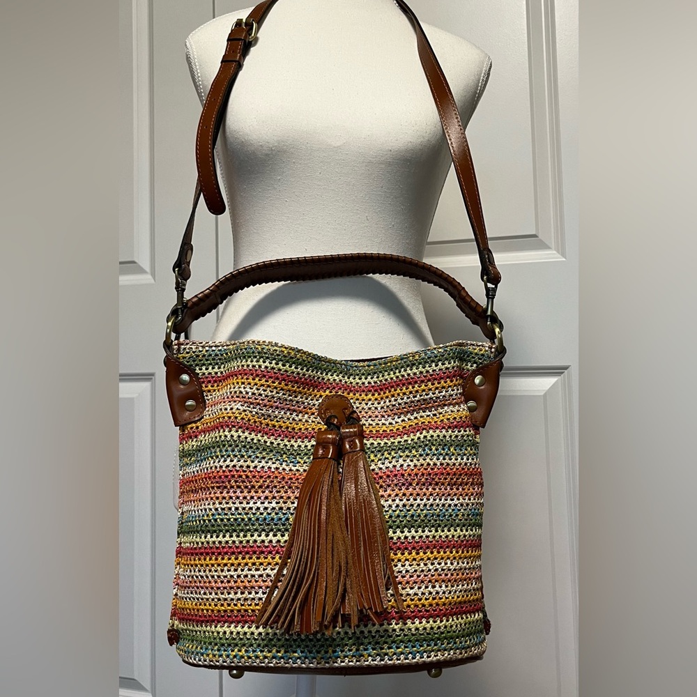 Patricia Nash Crossbody purse bag Zigzag Woven cognac brown leather trim pockets